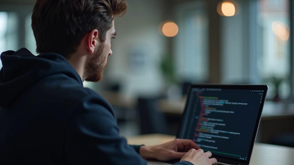 Programador a revisar código HTML semântico num editor, com foco em estrutura de acessibilidade