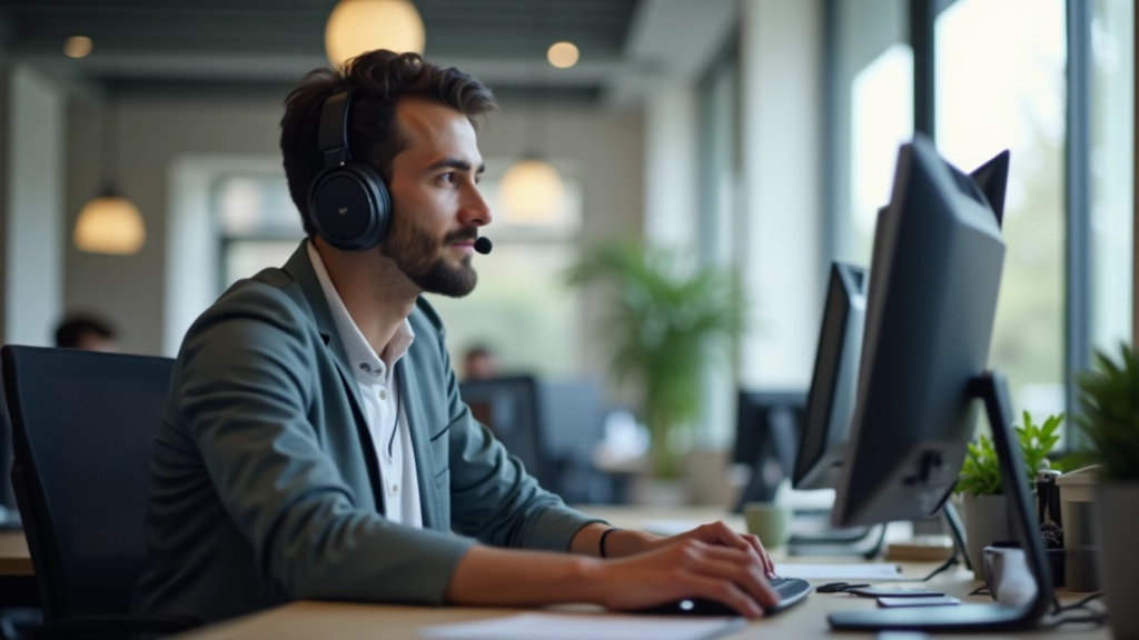 Pessoa usando software leitor de ecrã com fones de ouvido em ambiente de trabalho
