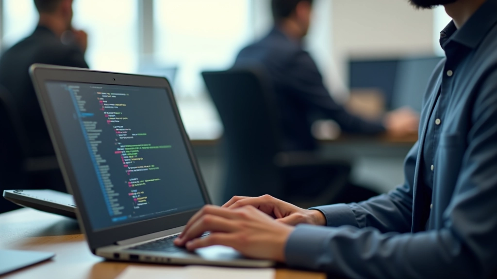 Programador a trabalhar num portátil com código na tela, ambiente de escritório moderno, luz natural